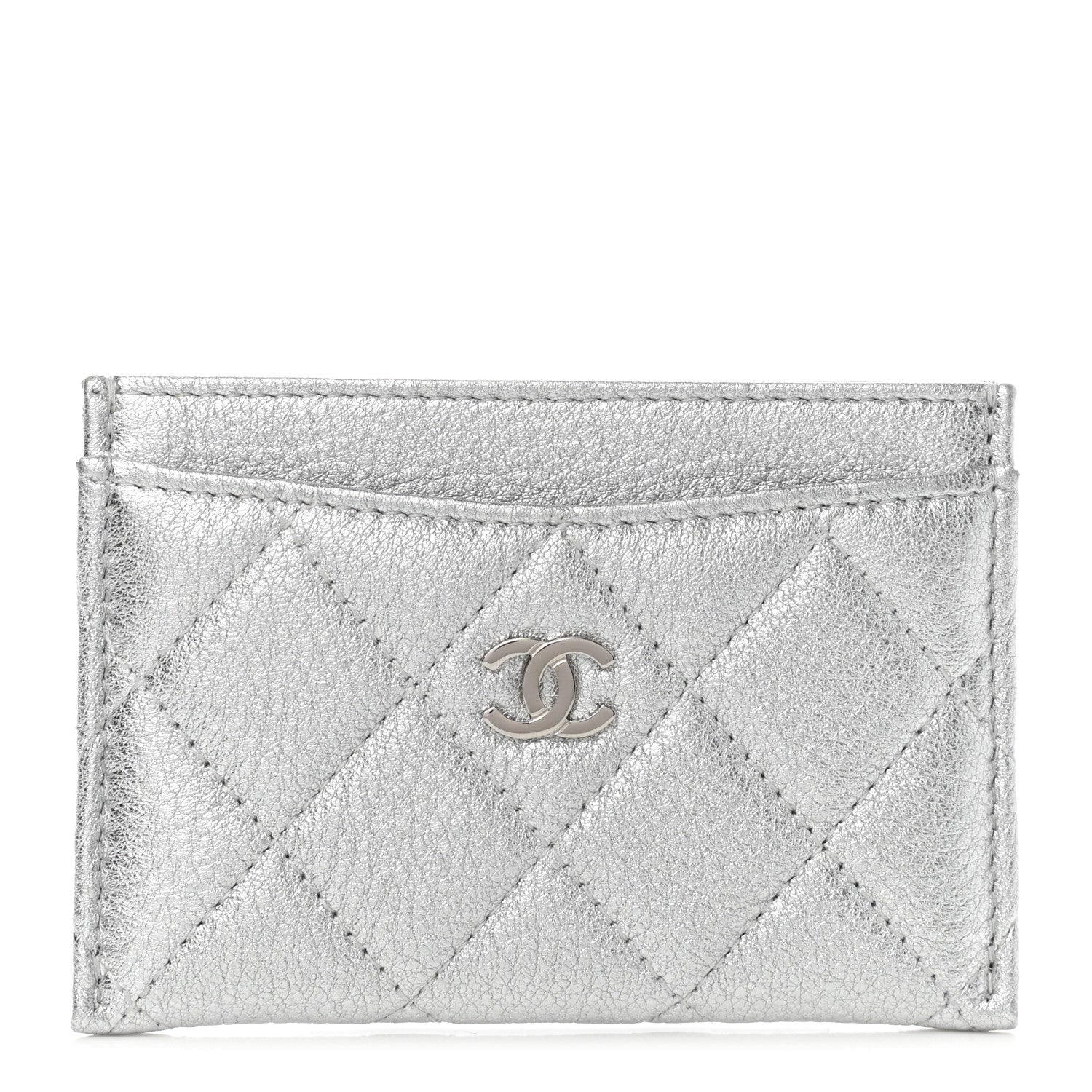 Chanel Metallic Goatskin Quilted CC Card Holder Silver 1 of 9
