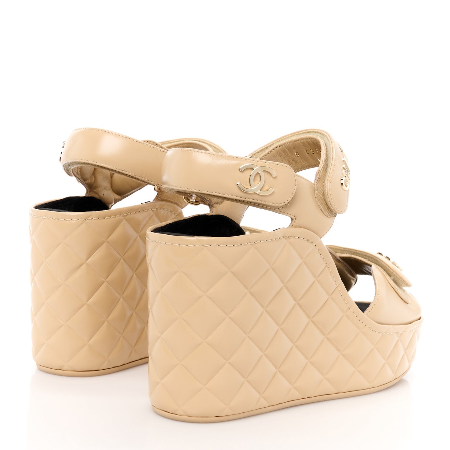 Shiny Calfskin Quilted Wedge Sandals 41 Beige