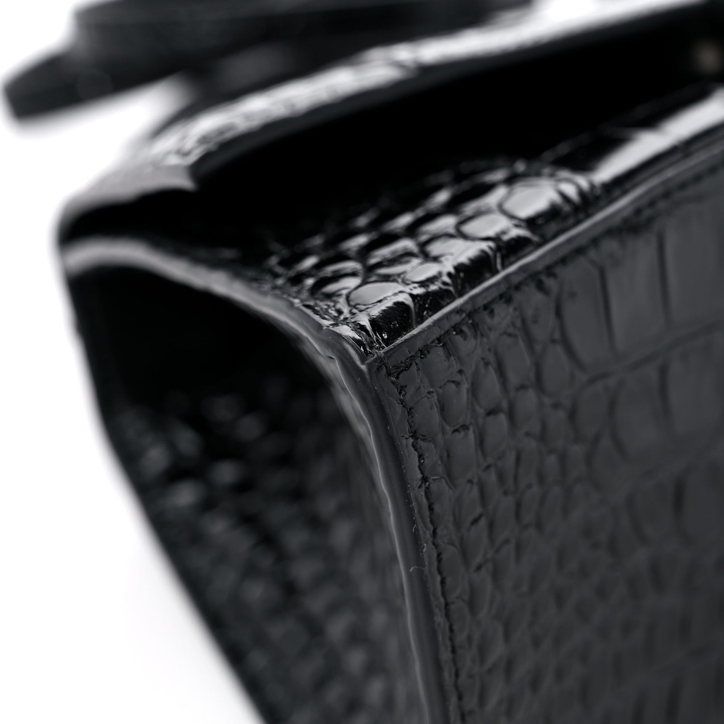 Shiny Calfskin Monochrome Crocodile Embossed Small Hourglass Top Handle Bag Black