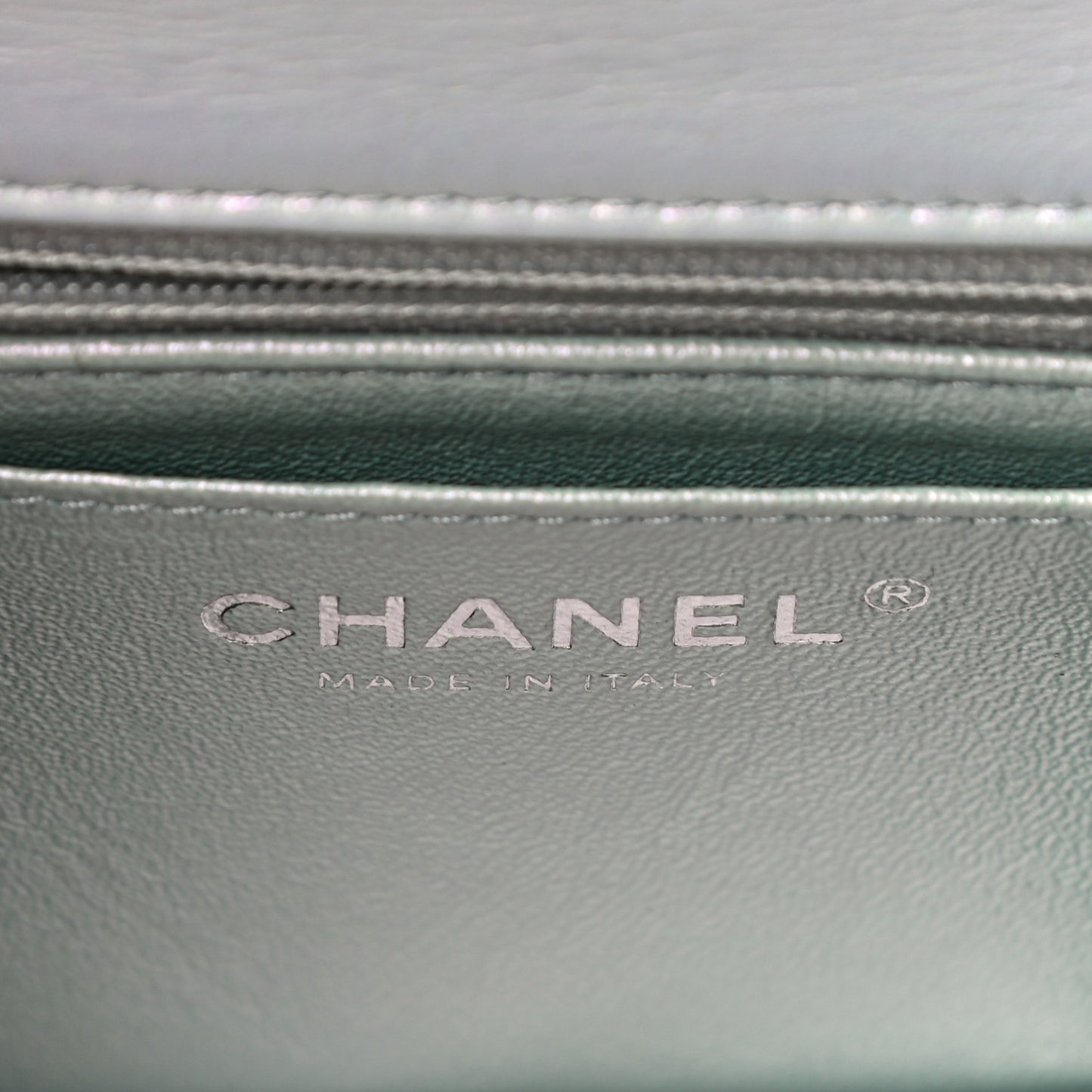 Iridescent Calfskin Quilted Mini Rectangular Flap Light Blue