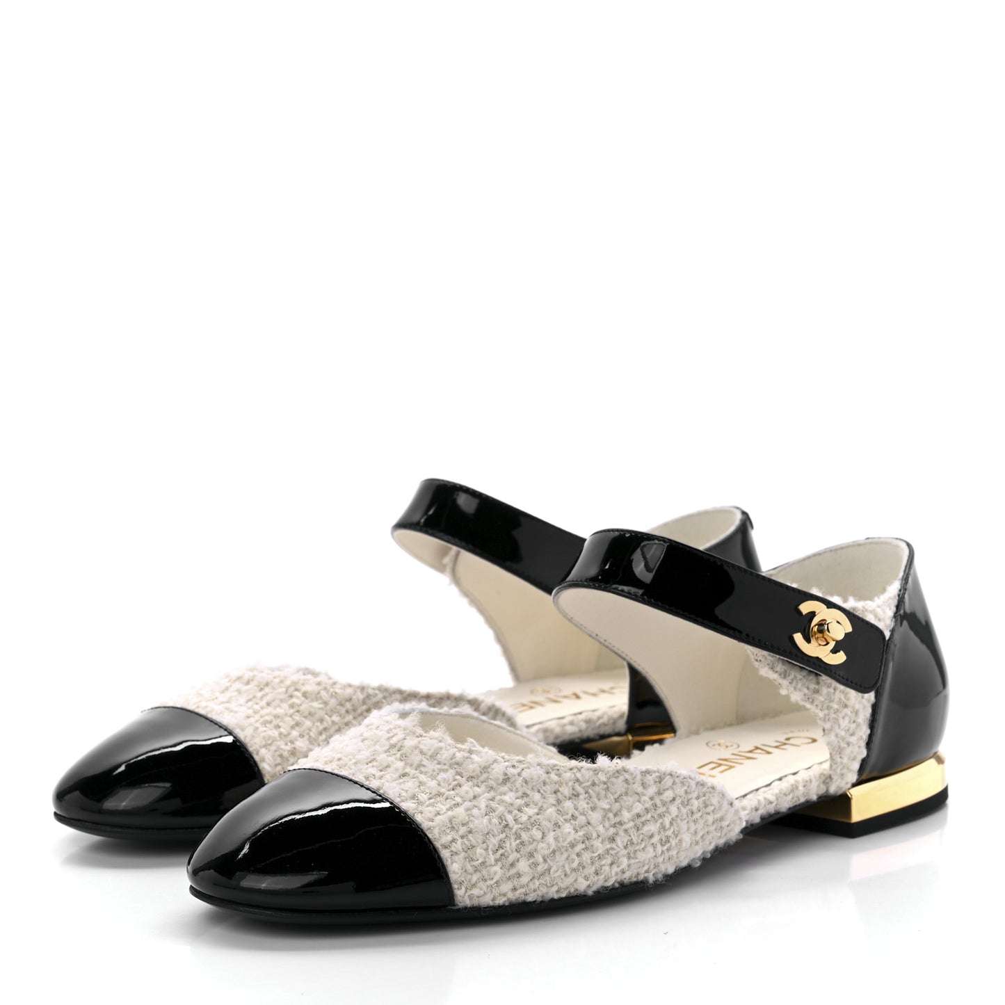 Tweed Patent Cap Toe Ballerina Flats 38 White Black