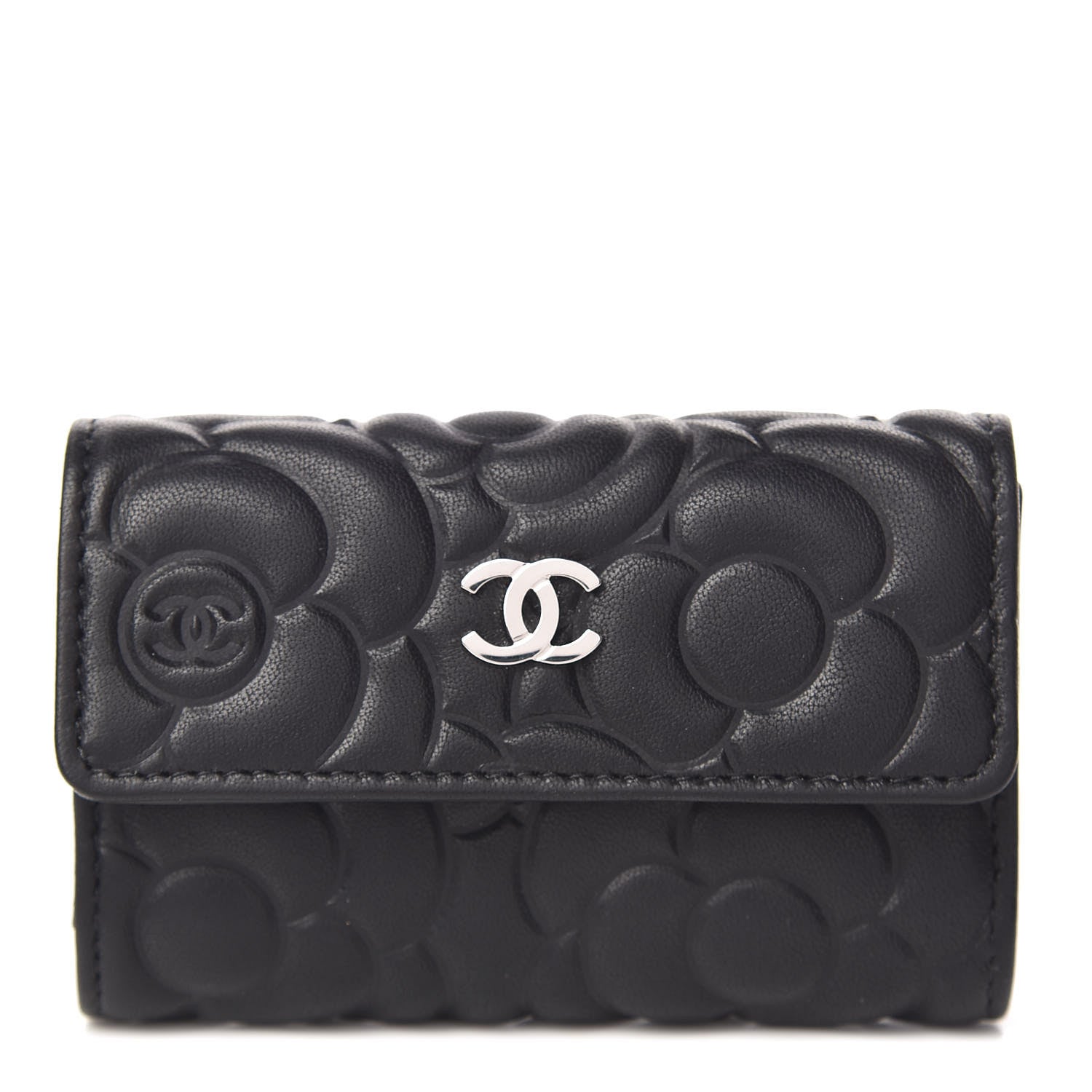 Chanel Goatskin Camellia Embossed 4 Key Holder Black 1 of 9