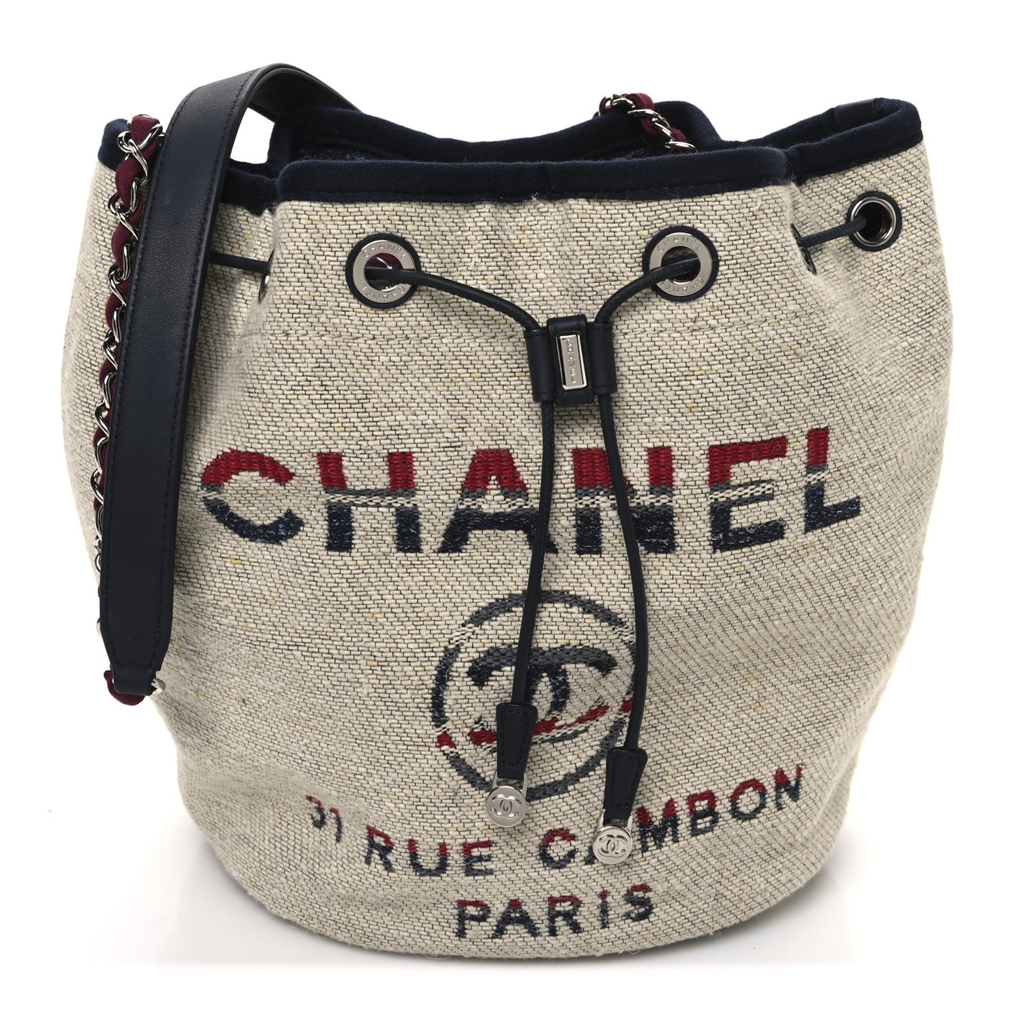Striped Canvas Deauville Drawstring Bag Beige