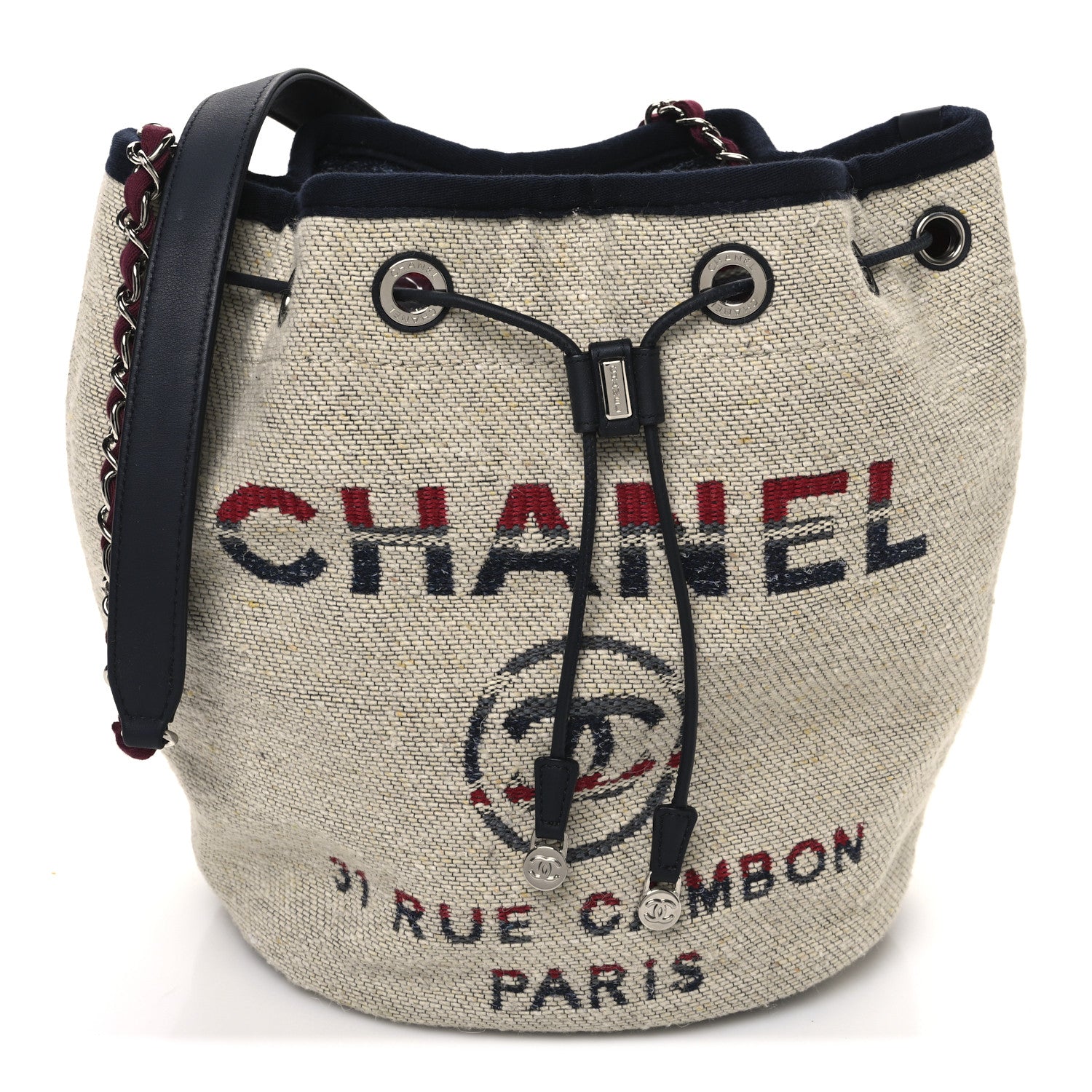Chanel Striped Canvas Deauville Drawstring Bag Beige 1 of 10