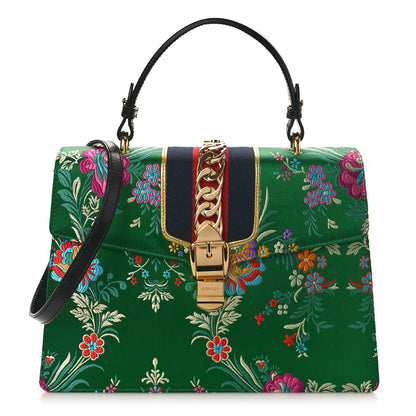 Gucci Jacquard Floral Medium Sylvie Top Handle Bag Green Multicolor Black 1 of 13