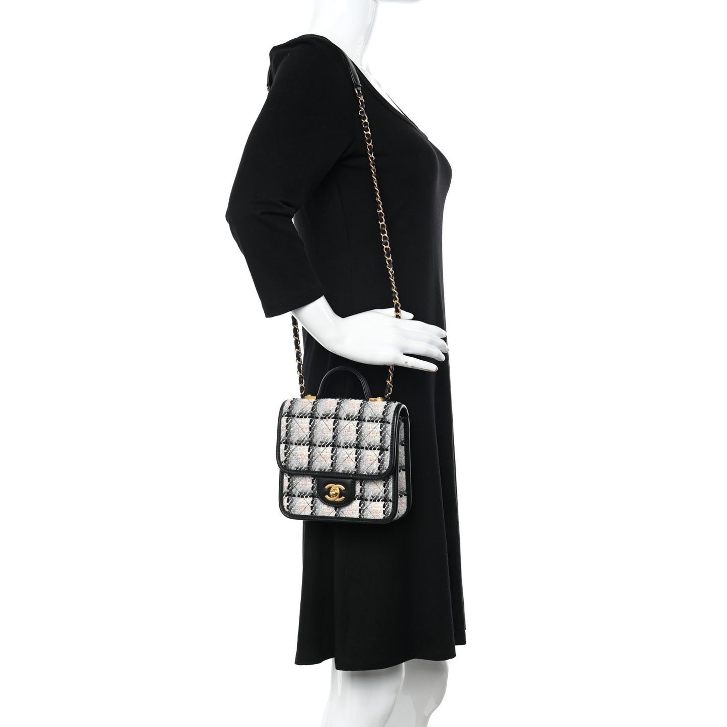 Tweed Calfskin School Memory Mini Top Handle Flap Ecru Grey Beige Black