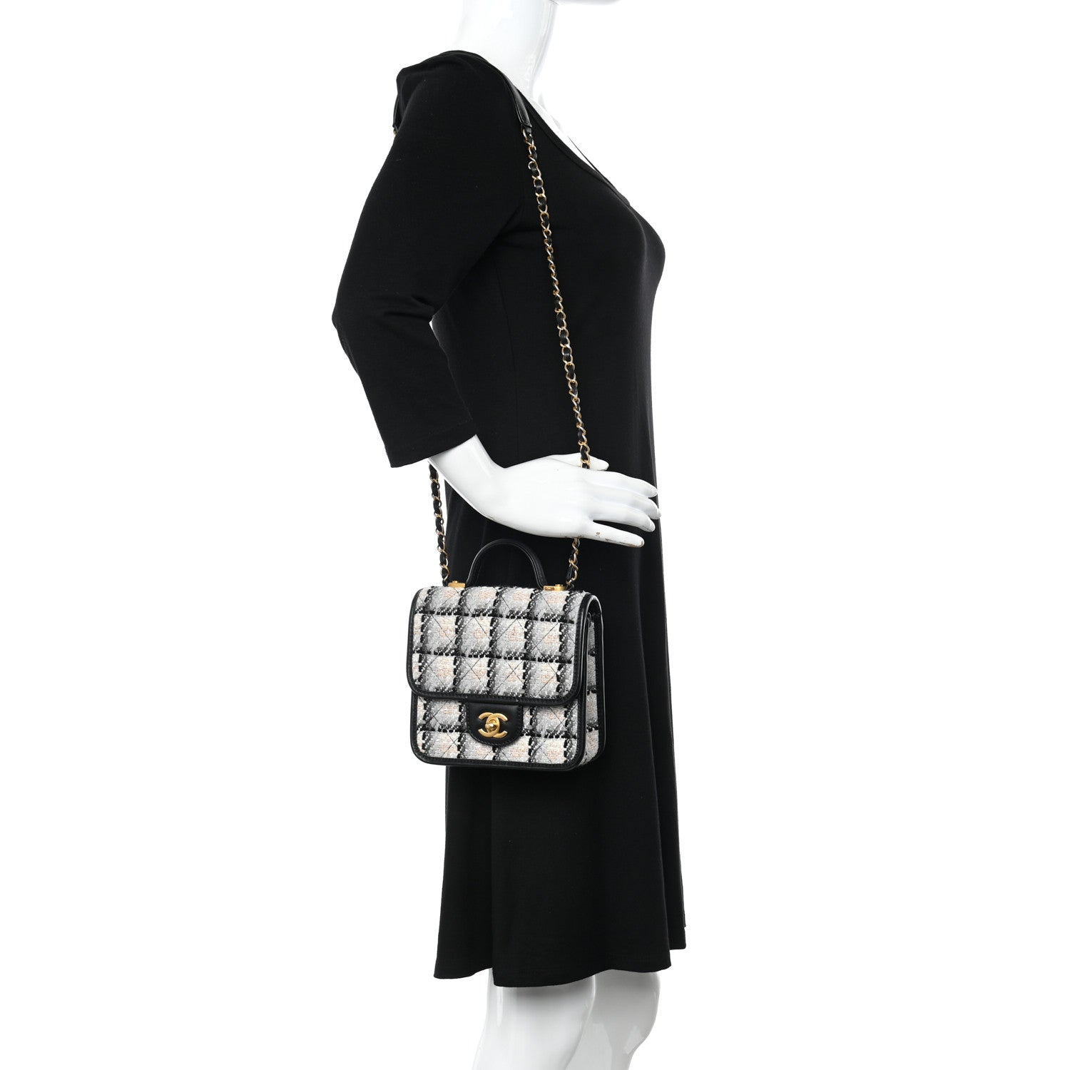 Chanel Tweed Calfskin School Memory Mini Top Handle Flap Ecru Grey Beige Black 2 of 11