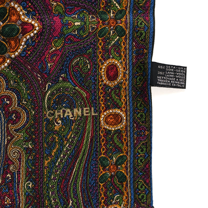 Chanel Silk Wool Paisley Jewel Fringe Scarf Khaki Multicolor 3 of 4