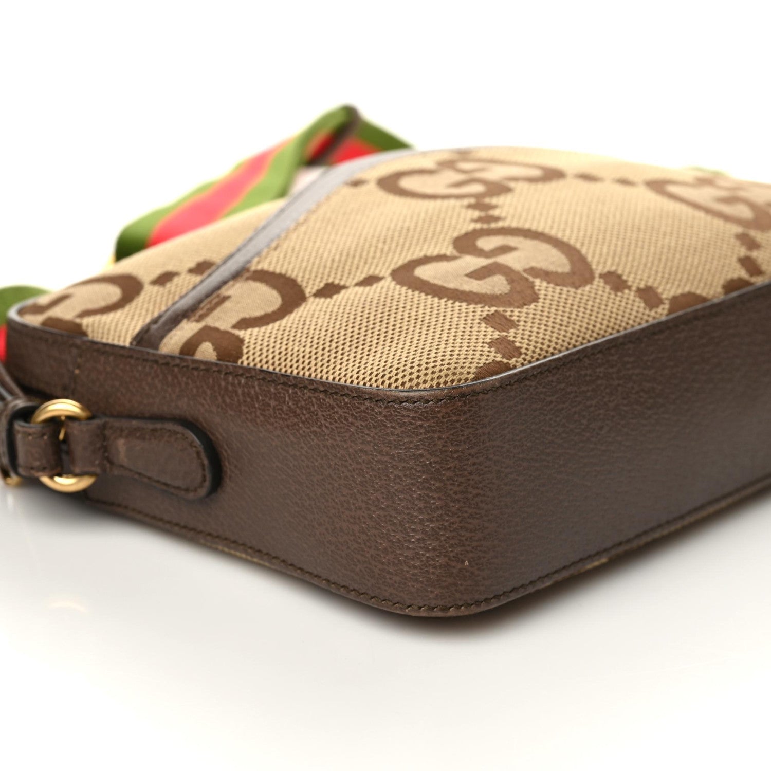 Gucci Monogram Jumbo GG Textured Dollar Calfskin Web Messenger Shoulder Bag Camel Ebony New Acero 5 of 10