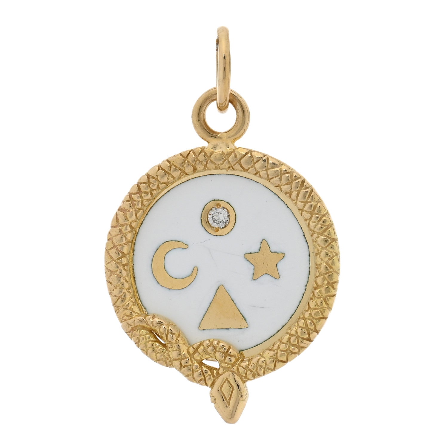 Foundrae 18K Yellow Gold Enamel Diamond Petite Champleve Wholeness Medallion Pendant White 1 of 3