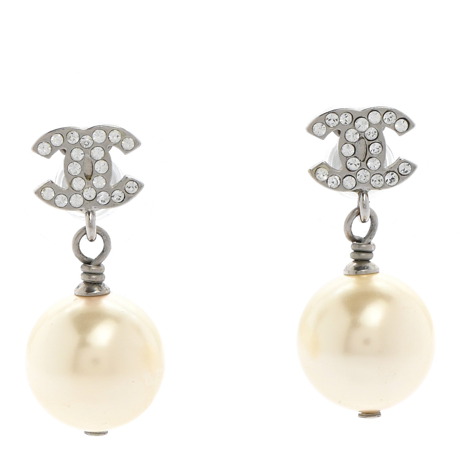 Chanel Crystal Pearl CC Drop Earrings Silver Pearly White 1 of 5