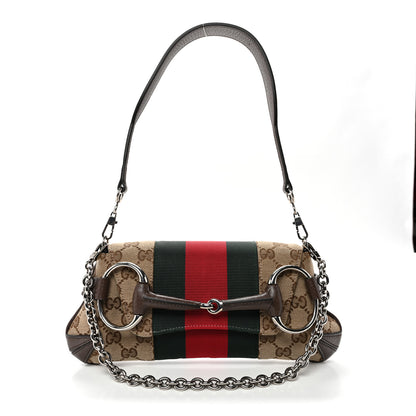 Gucci Monogram Textured Dollar Calfskin Heavy Grosgrain Web Small Maxi Horsebit Chain Shoulder Bag Beige Ebony New Acero 1 of 9