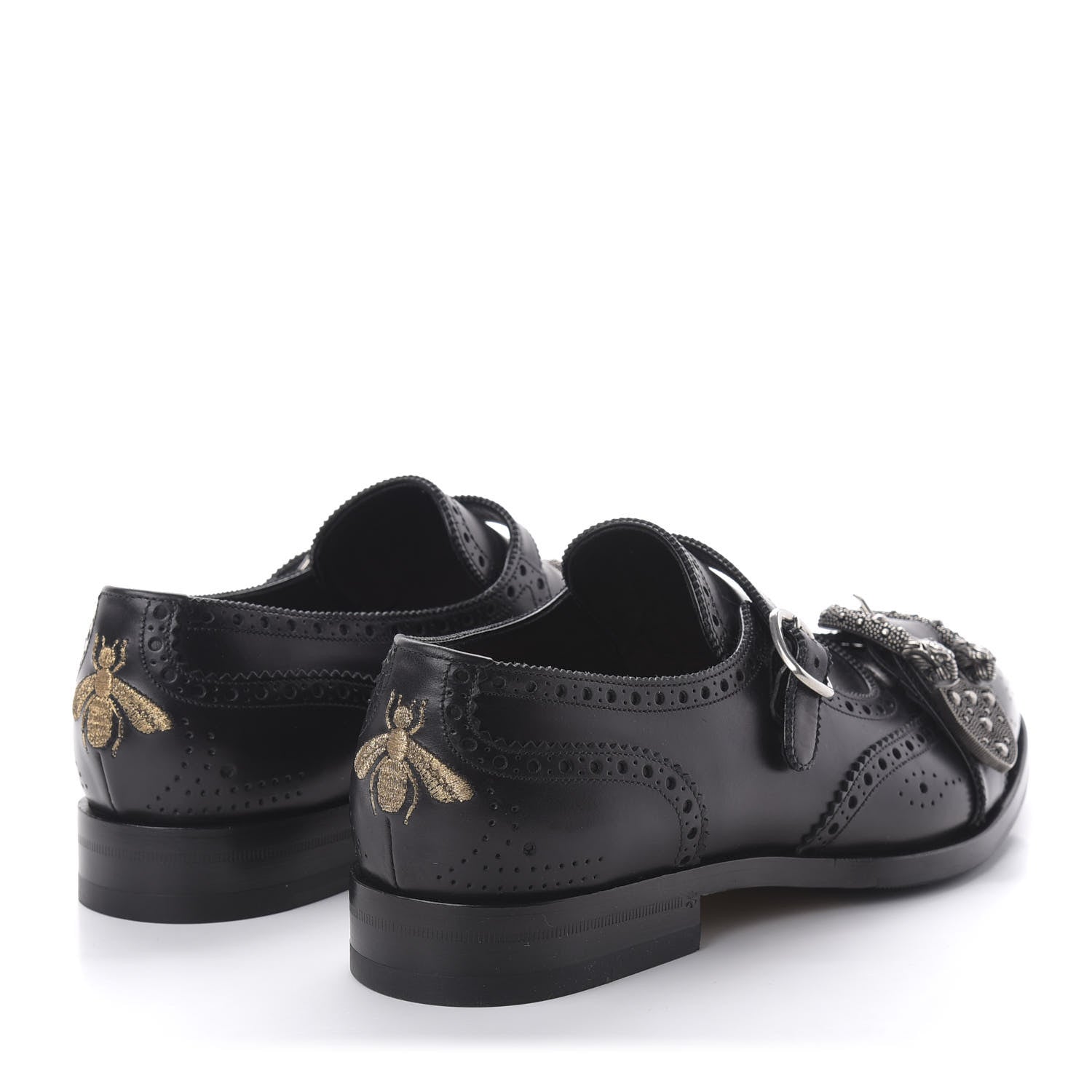 Gucci Calfskin Bee Embroidered Mens Queercore Brogue Wingtip Monk Strap Loafers 9 Black 4 of 13
