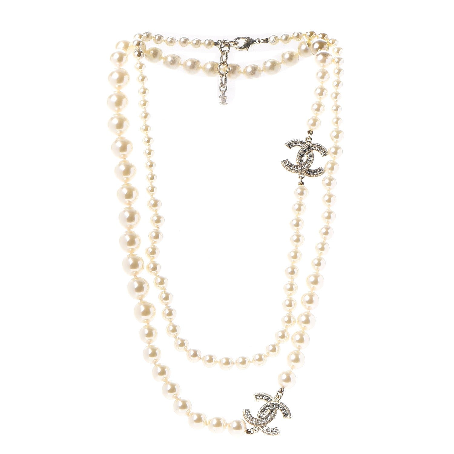 Chanel Graduated Pearl Crystal CC Long Necklace Light Gold 3 of 8