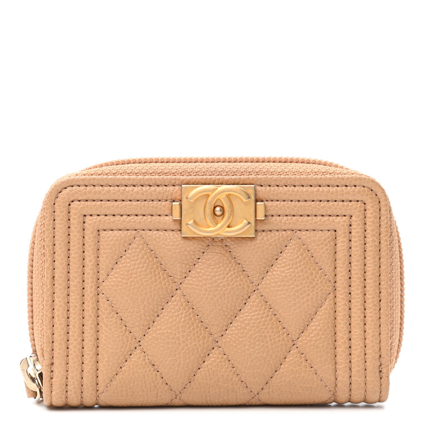 Chanel Caviar Quilted Boy Zip Around Coin Purse Wallet Beige 1 of 7
