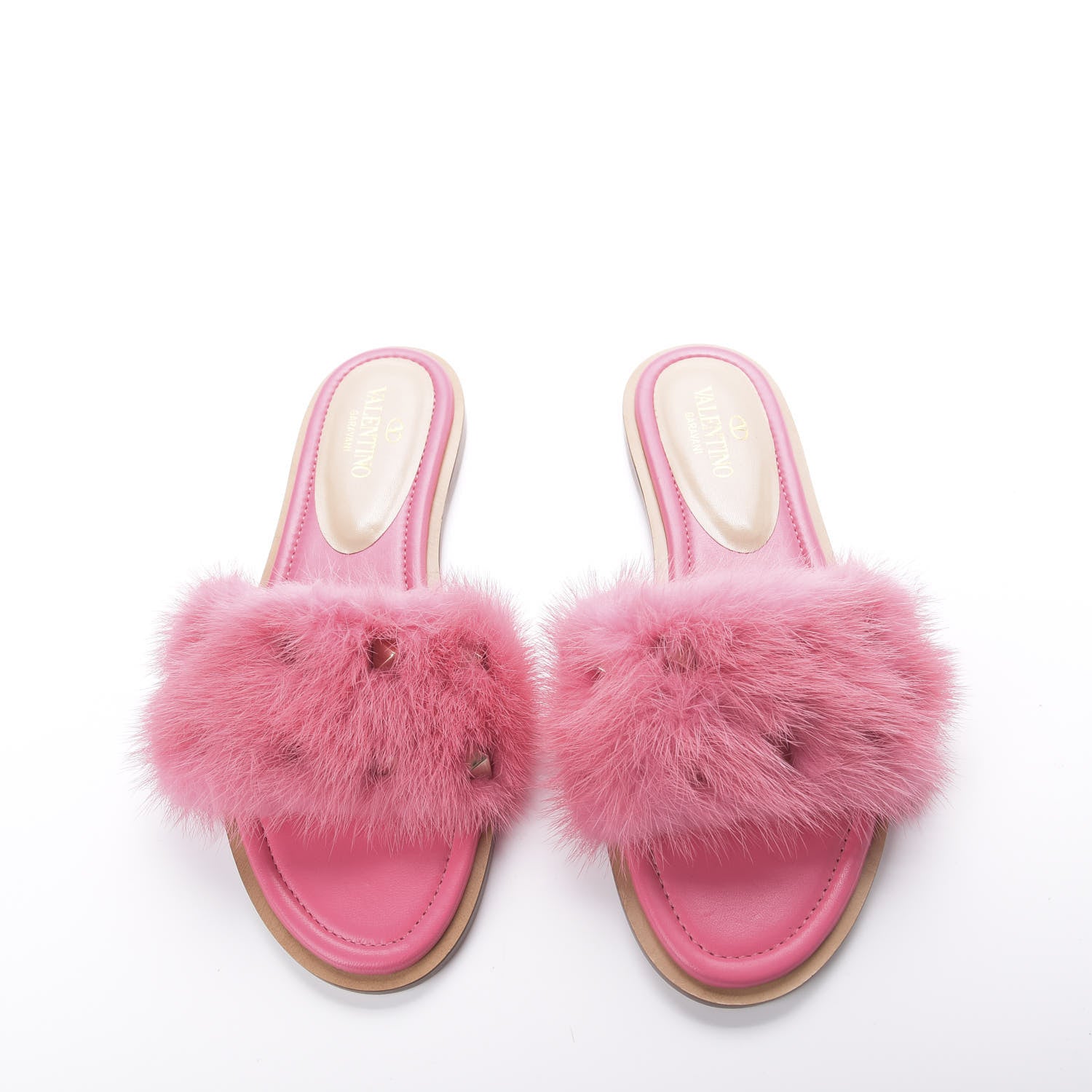 Valentino Garavani Mink Fur Rockstud Flat Slide Sandals 37 Shadow Pink 3 of 10