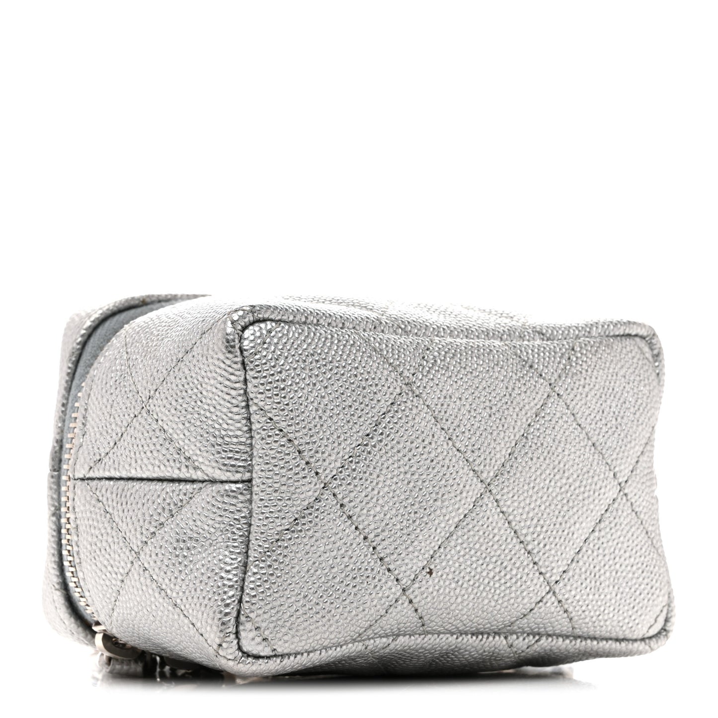 Metallic Caviar Quilted Mini Top Handle Vanity With Chain Silver