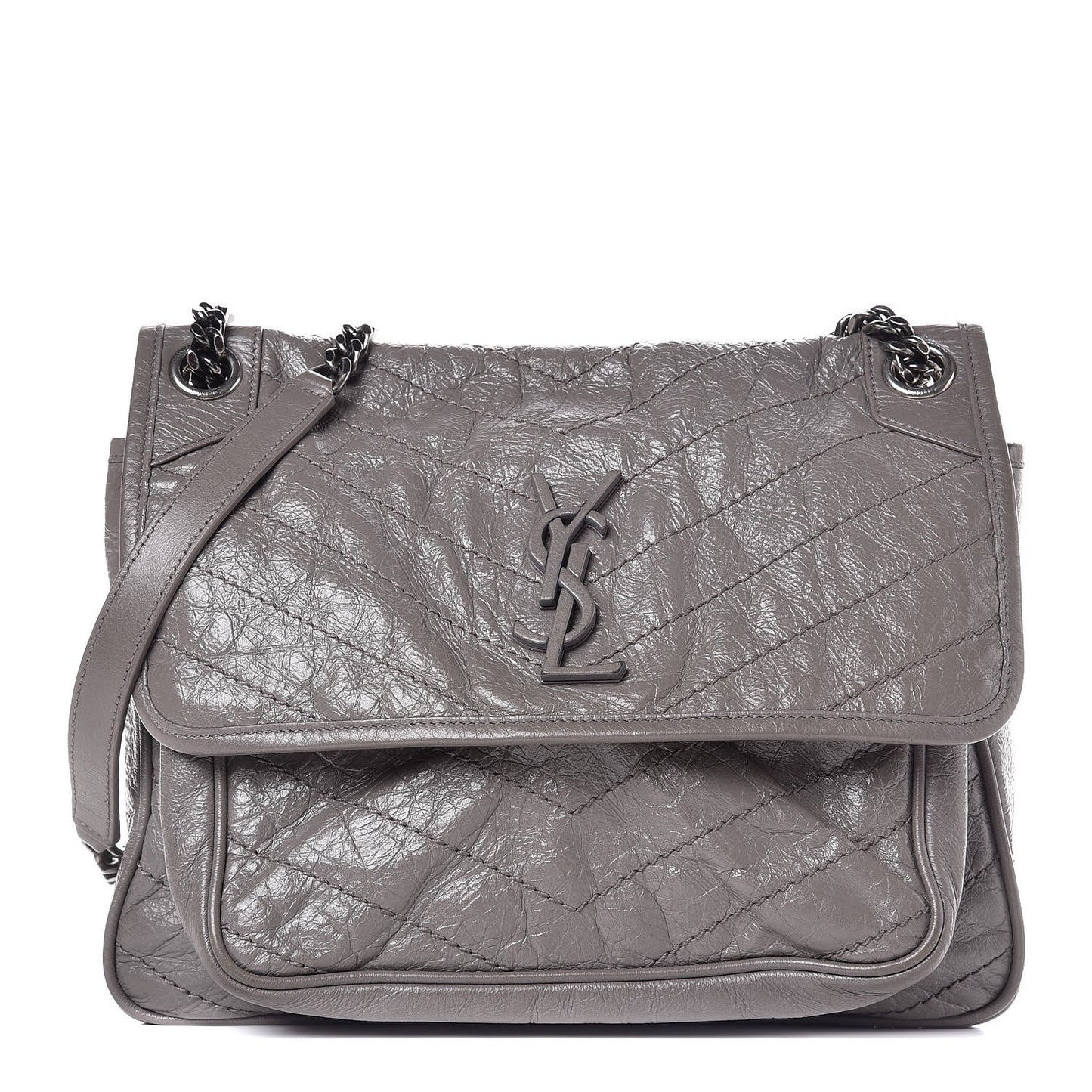 Crinkled Calfskin Matelasse Monogram Medium Niki Chain Satchel Fog