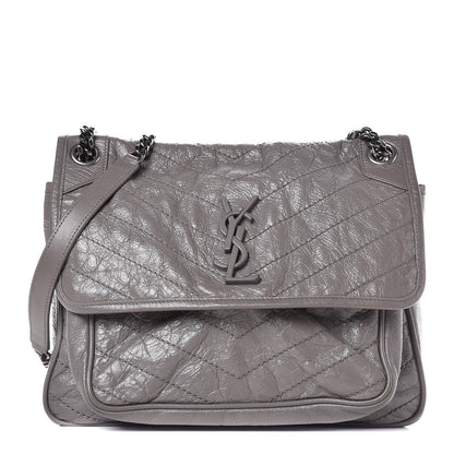 Saint Laurent Crinkled Calfskin Matelasse Monogram Medium Niki Chain Satchel Fog 1 of 10