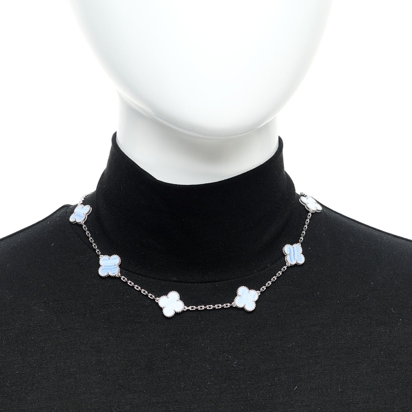 18K White Gold Chalcedony 10 Motifs Vintage Alhambra Necklace