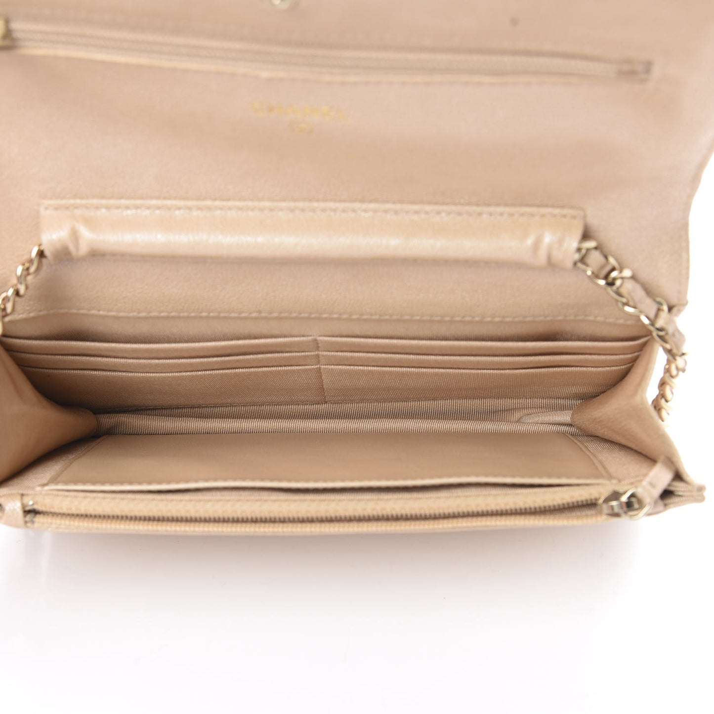 Iridescent Caviar Quilted Wallet On Chain WOC Beige