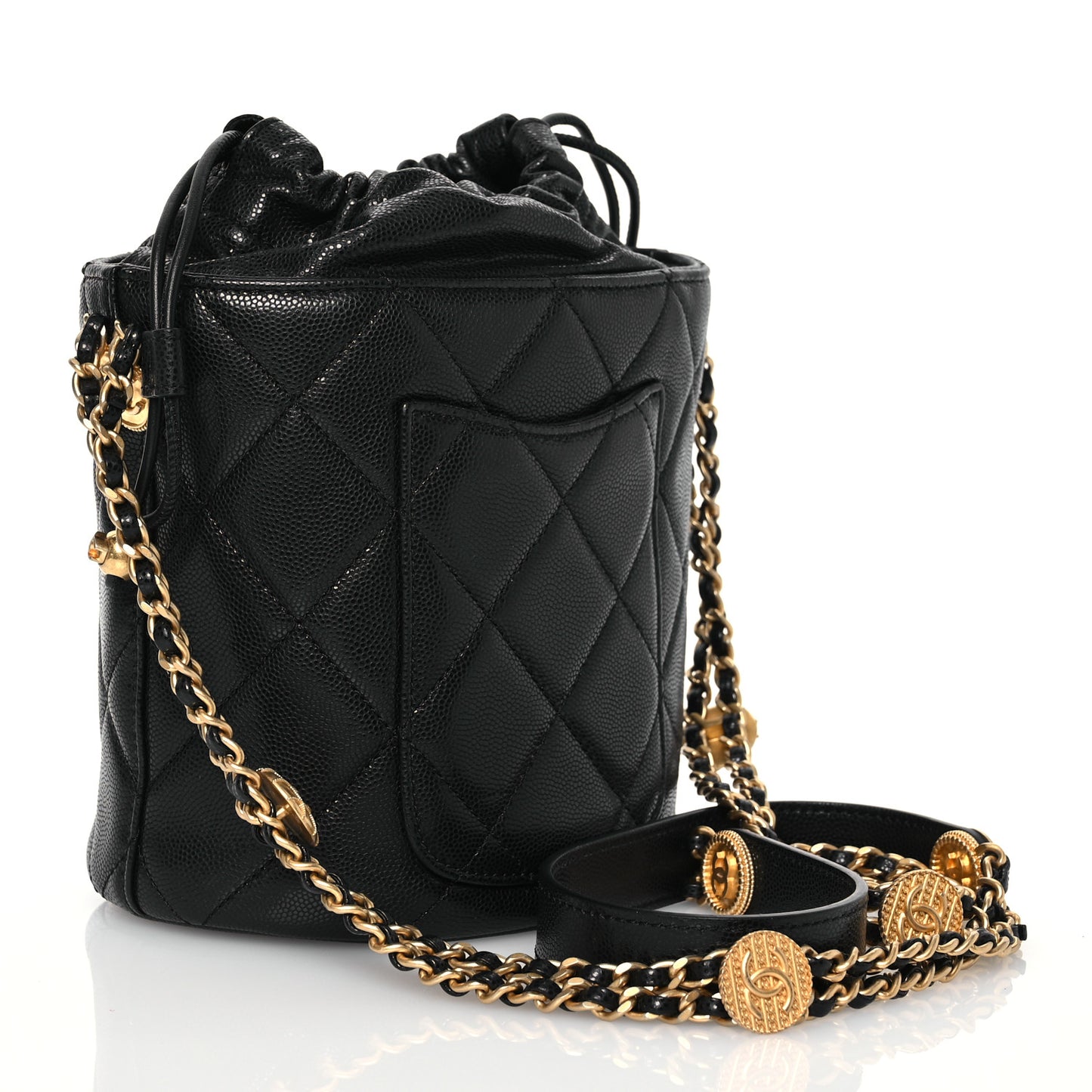 Caviar Quilted Twist Your Buttons Bucket Bag Black