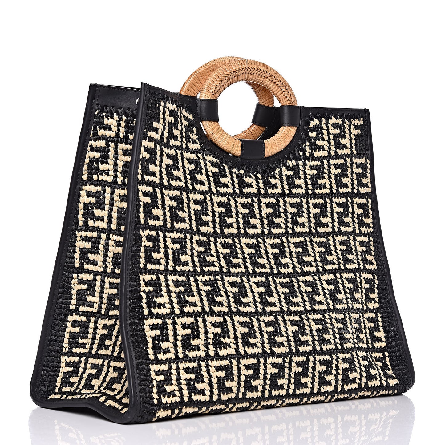 Raffia Vitello Century Wicker FF 1974 Crochet Large Runaway Shopper Tote Natural Black