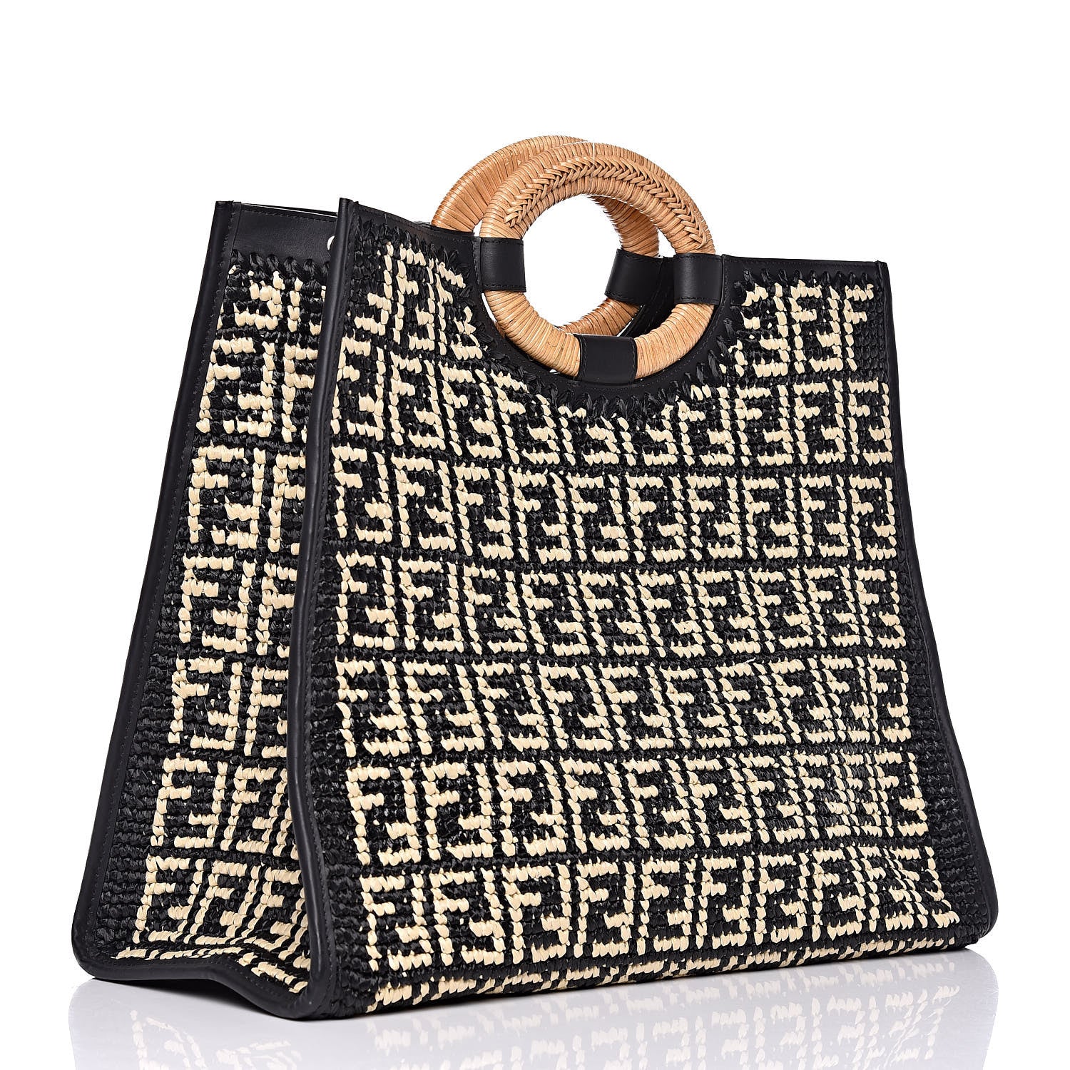 Fendi Raffia Vitello Century Wicker FF 1974 Crochet Large Runaway Shopper Tote Natural Black 3 of 12