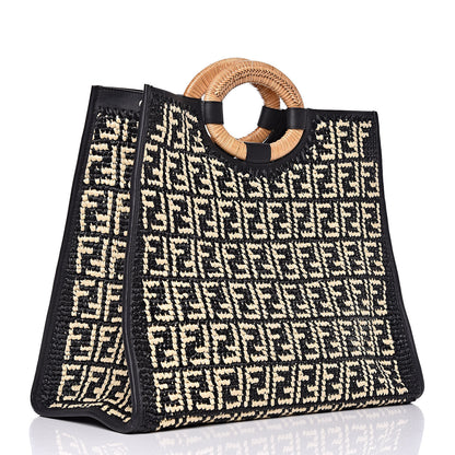 Fendi Raffia Vitello Century Wicker FF 1974 Crochet Large Runaway Shopper Tote Natural Black 3 of 12