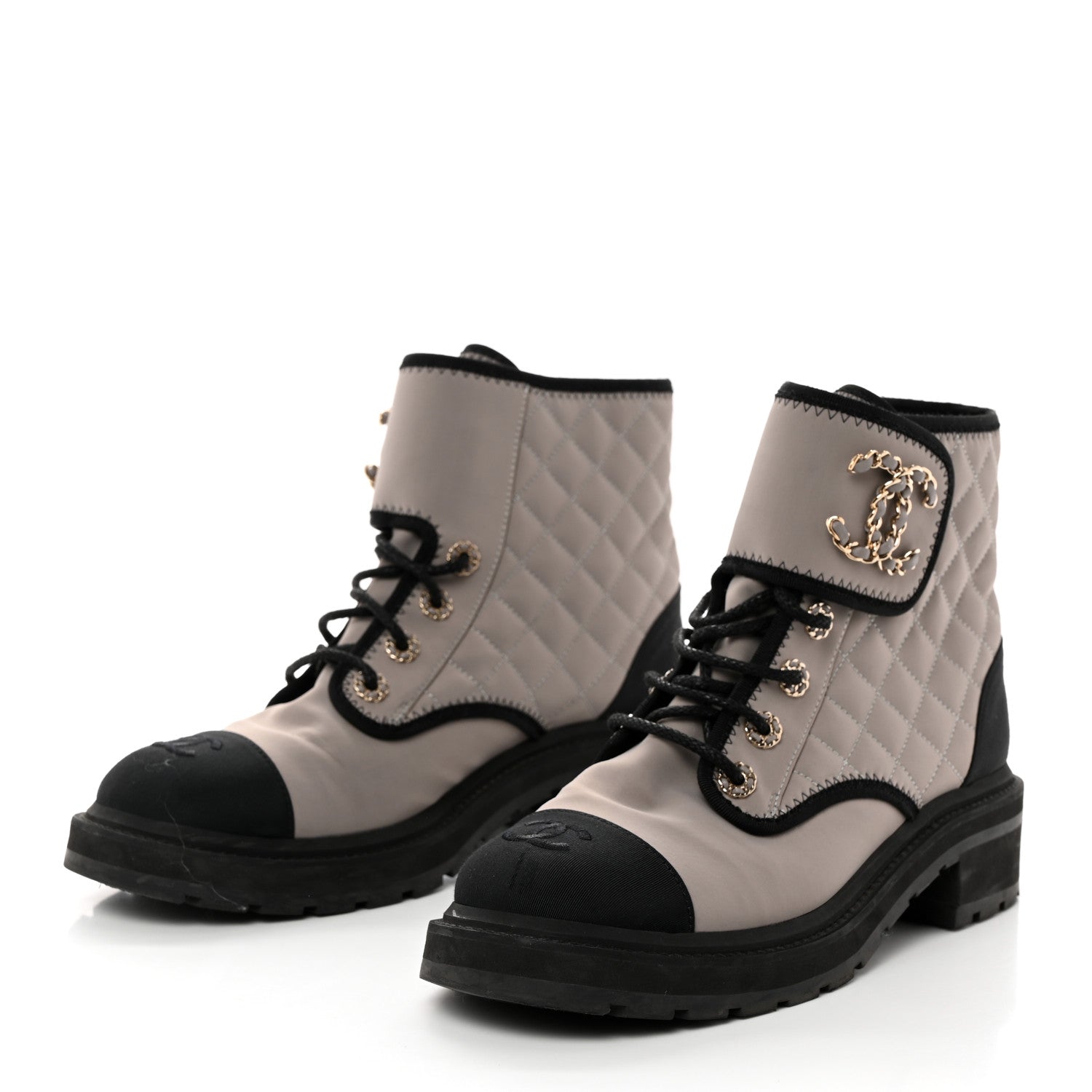 Chanel Fabric Grosgrain Lambskin Quilted Lace Up Combat Boot 40.5 Gray 3 of 8