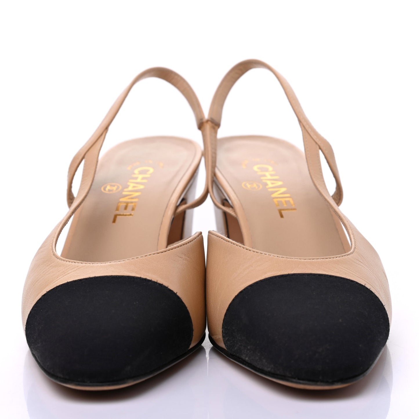 Goatskin Grosgrain Cap Toe CC Slingback Pumps 39.5 Beige Black