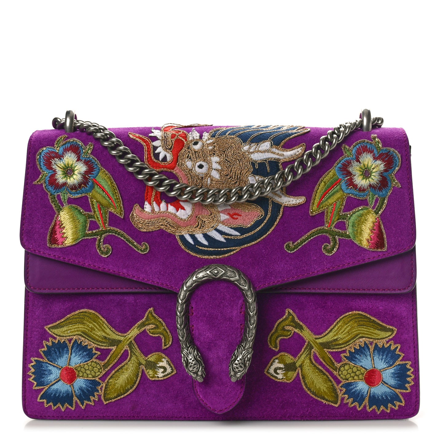 Suede Dragon Embroidered Medium Dionysus Shoulder Bag Bright Purple Multicolor