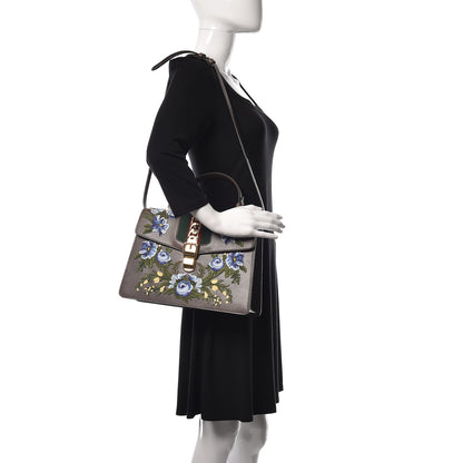 Gucci Calfskin Embroidered Medium Sylvie Top Handle Bag New Acero Multicolor 2 of 10