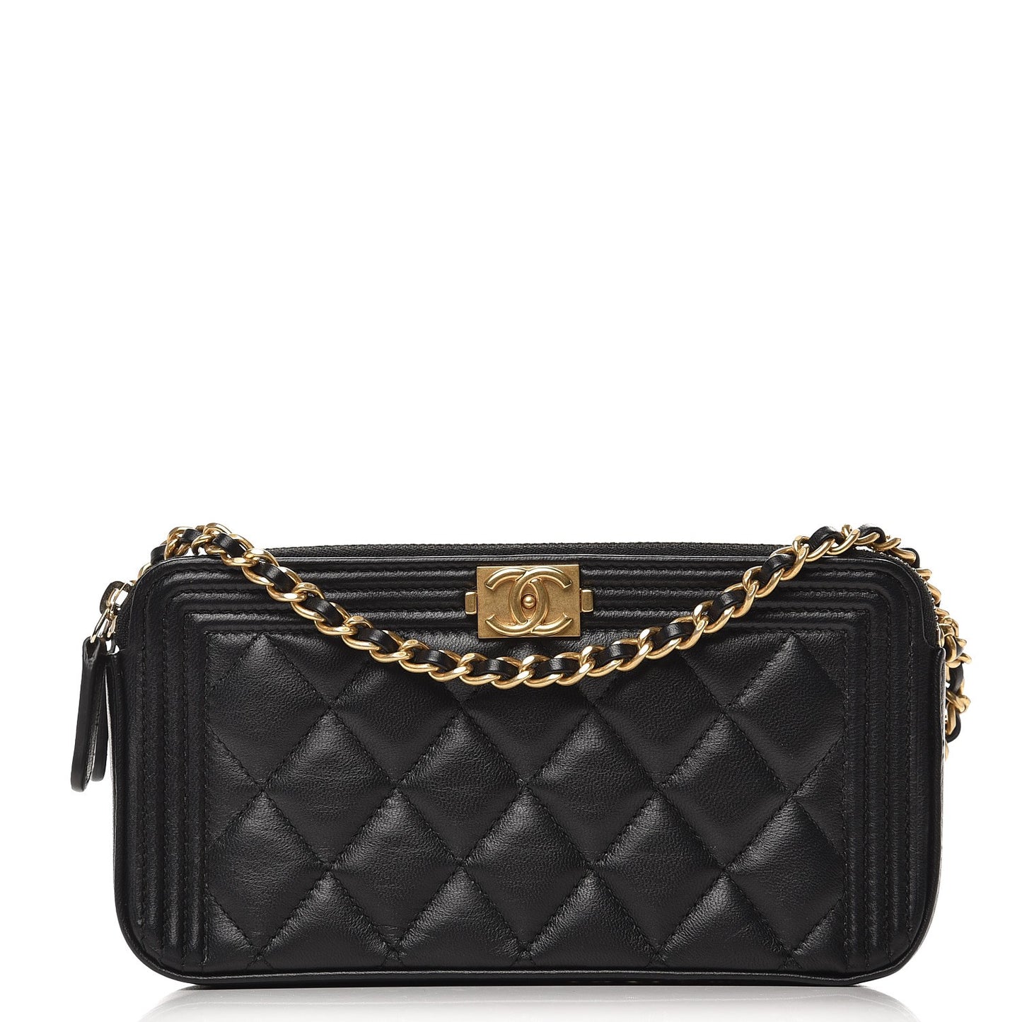 Lambskin Quilted Small Boy Clutch With Chain Black