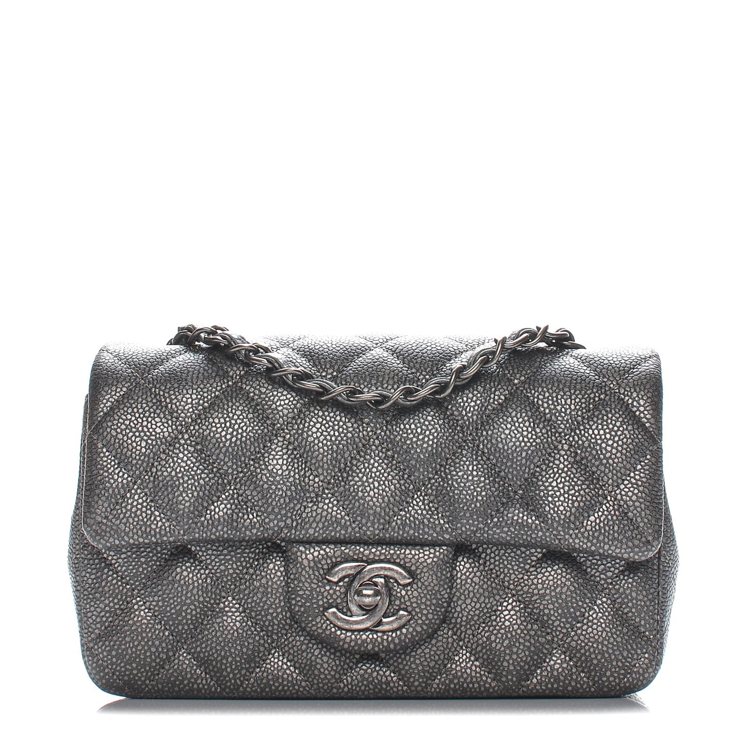Metallic Caviar Quilted Mini Rectangular Flap Dark Silver