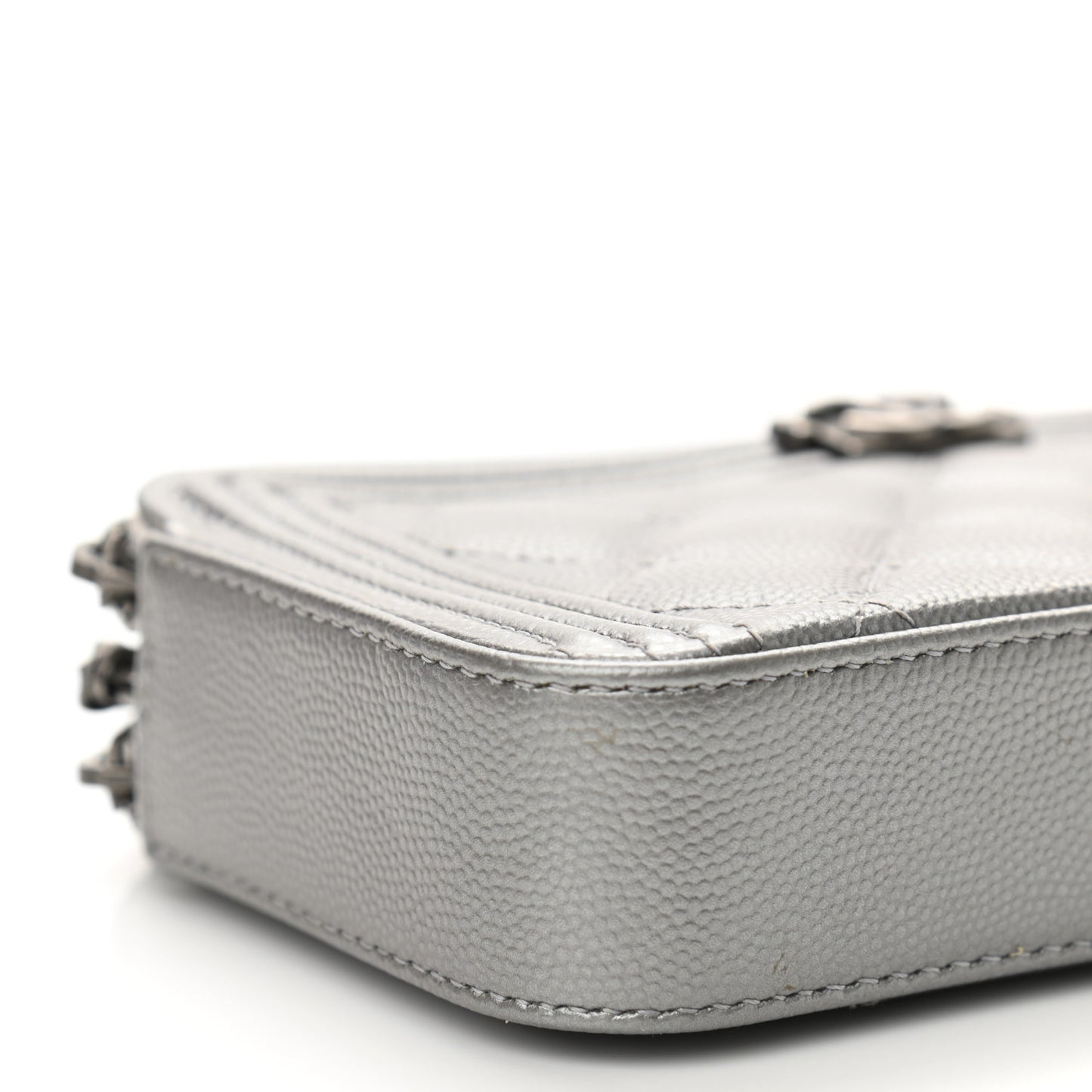 Metallic Caviar Quilted Small Boy Clutch With Chain Silver