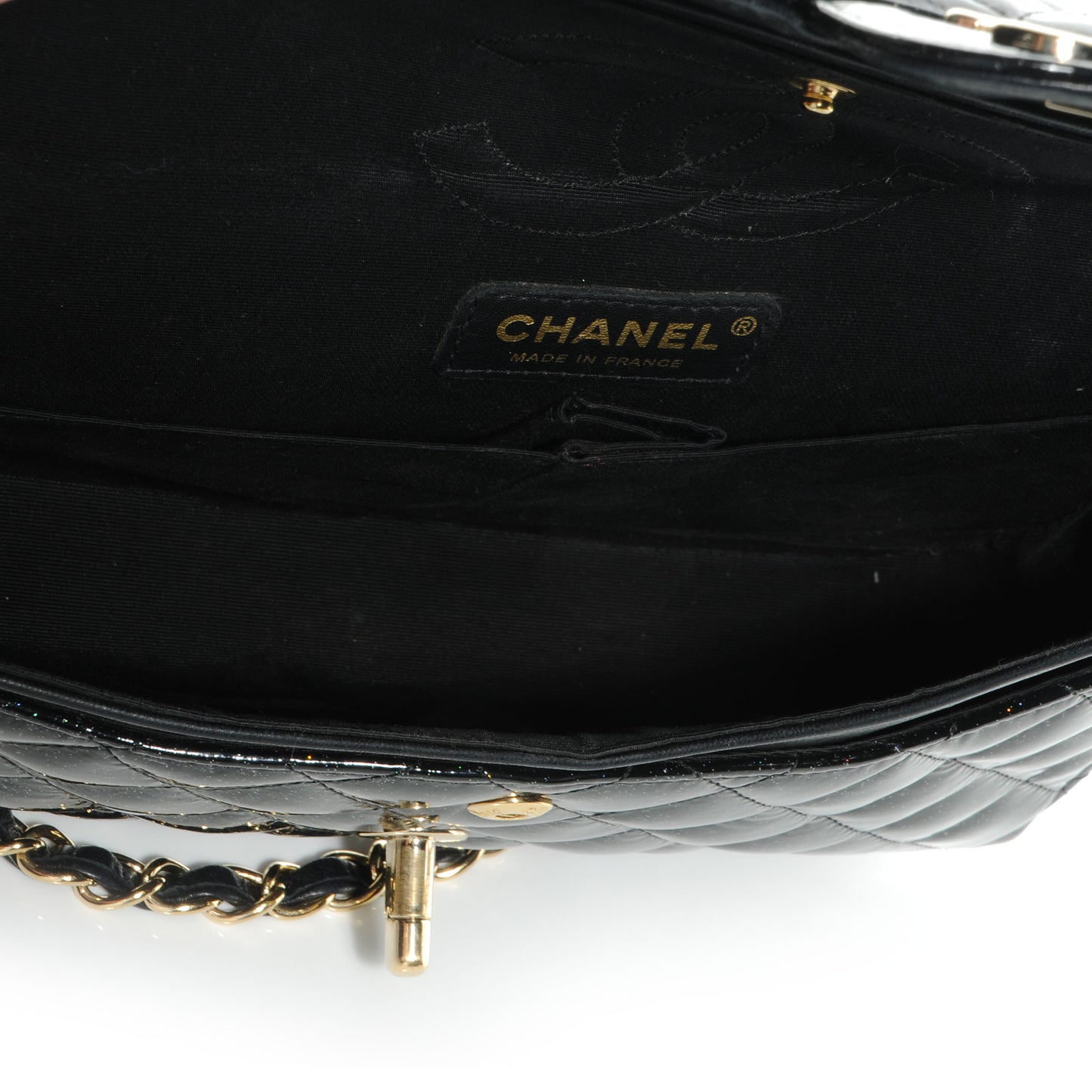 Glitter Patent Quilted Evening Star Medium Double Flap Black