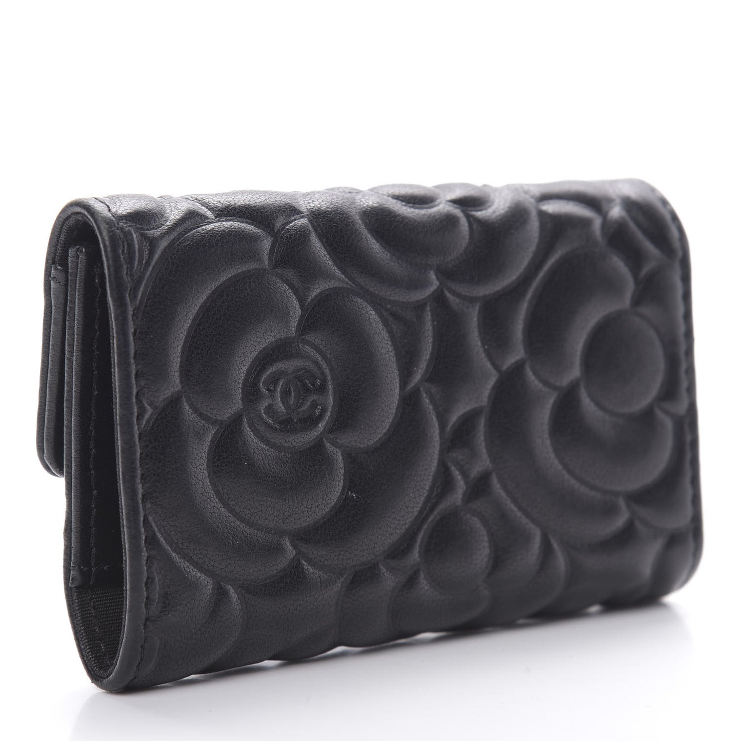 Goatskin Camellia Embossed 4 Key Holder Black