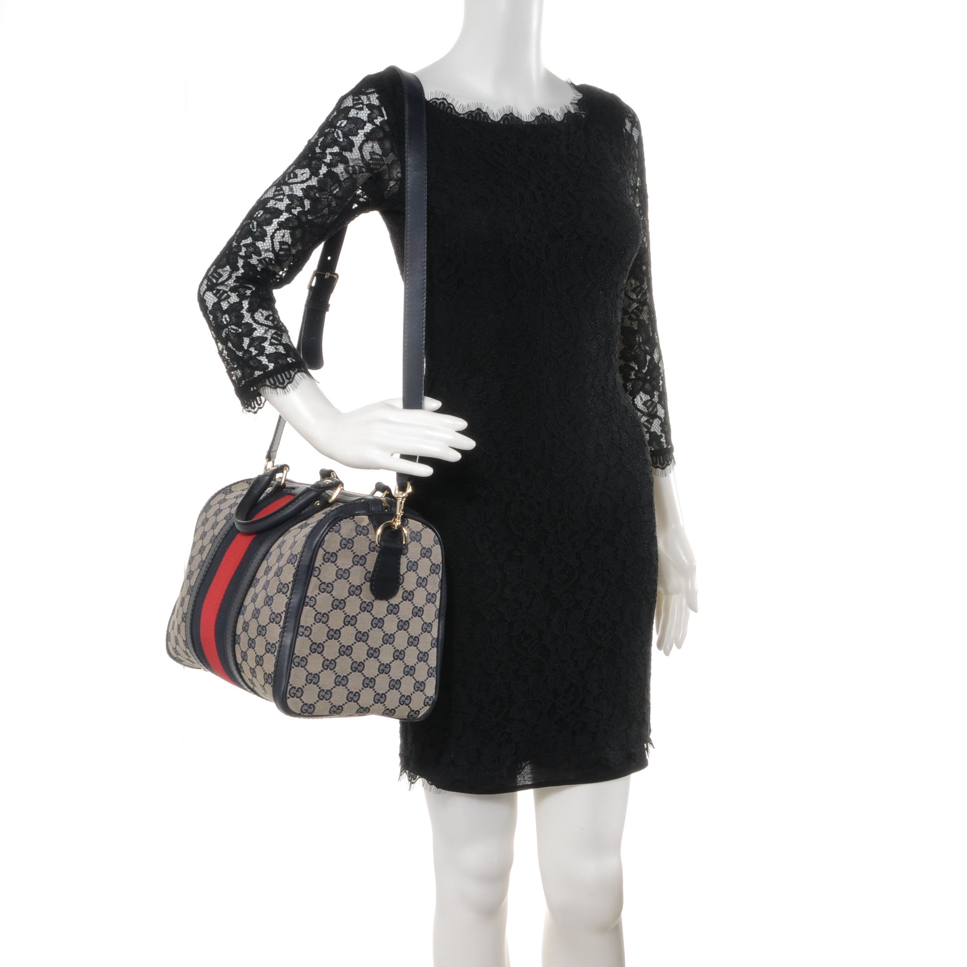 Gucci Monogram Selleria Calfskin Vintage Web Medium Boston Beige Blue 2 of 10