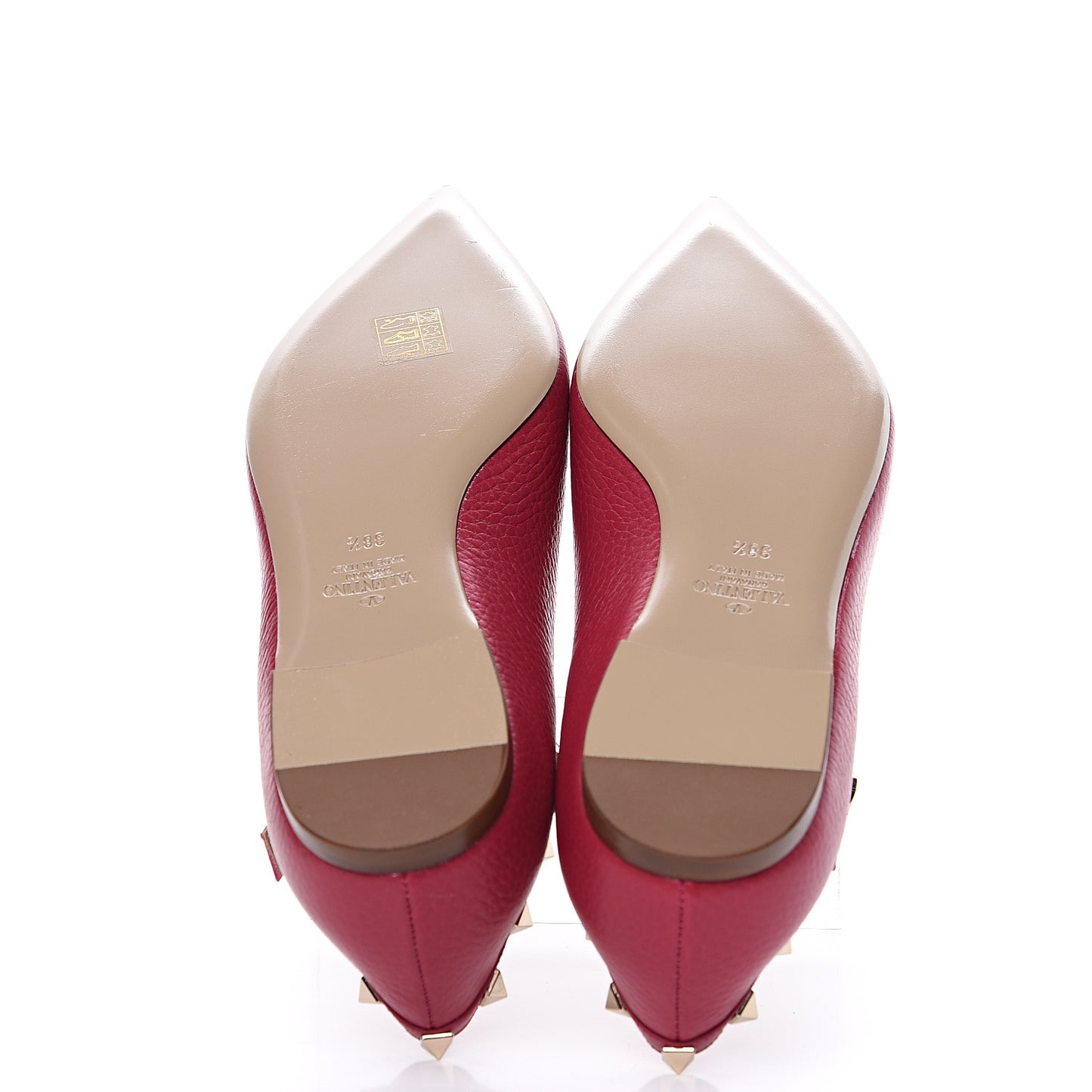 Pebbled Calfskin Rockstud Ankle Strap Ballerina Flats 38.5 Deep Fuxia
