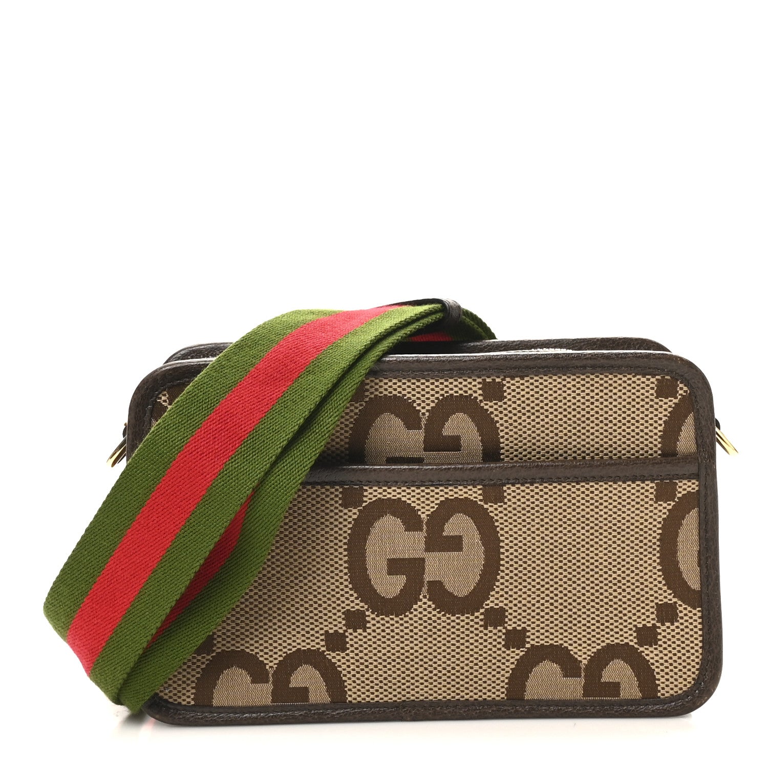 Gucci Monogram Jumbo GG Textured Dollar Calfskin Web Mini Crossbody Bag Camel Ebony New Acero 1 of 10