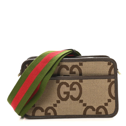 Gucci Monogram Jumbo GG Textured Dollar Calfskin Web Mini Crossbody Bag Camel Ebony New Acero 1 of 10