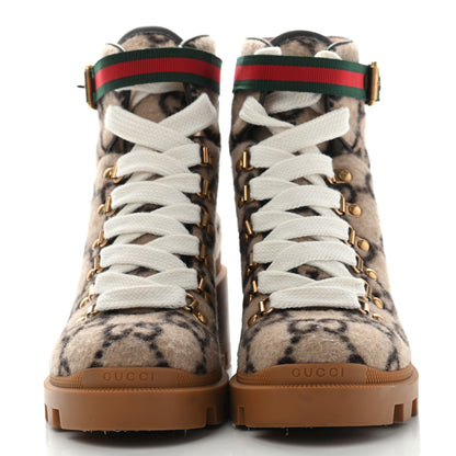 Gucci Covered Wool Big GG Monogram Womens Lace Up Combat Ankle Boots 37 Beige Ebony Cocoa 2 of 15