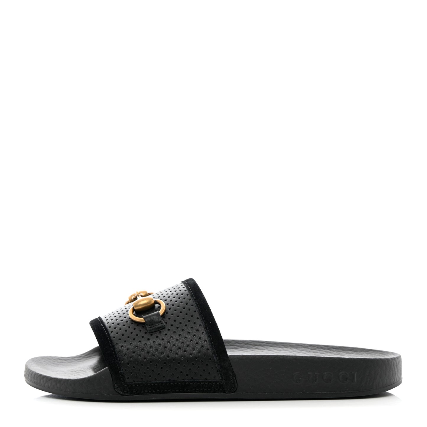 Suede Perforated Horsebit Slide Sandals 36 Black