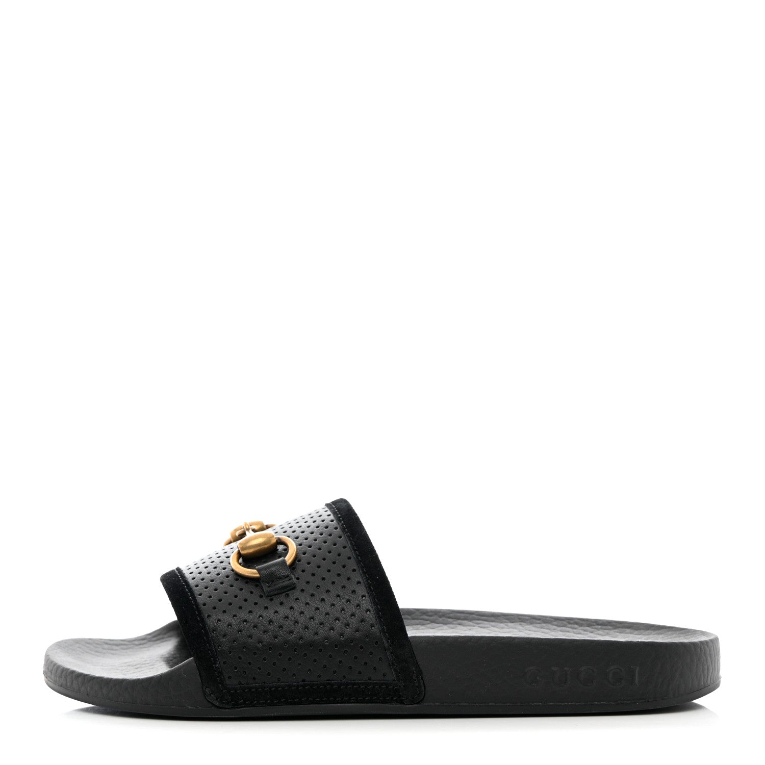 Gucci Suede Perforated Horsebit Slide Sandals 36 Black 1 of 8