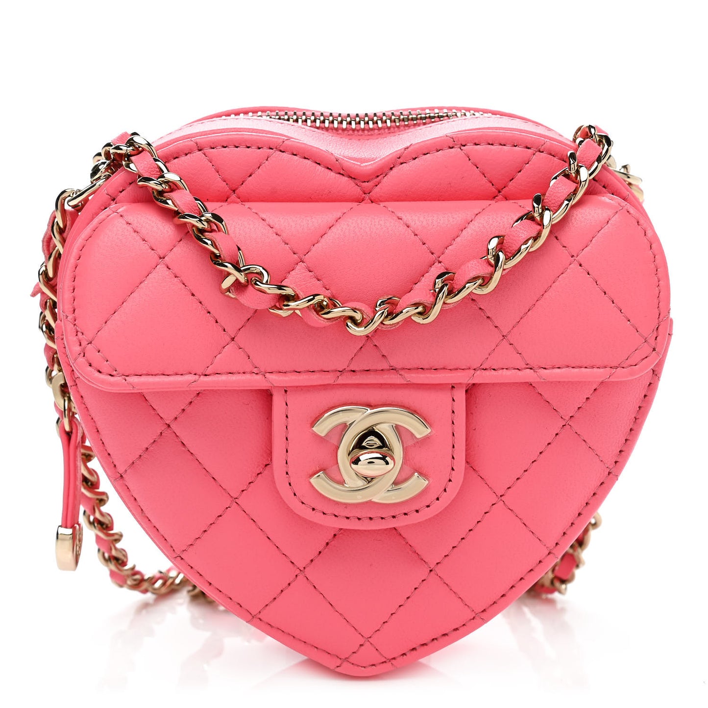 Lambskin Quilted CC In Love Heart Clutch With Chain Pink