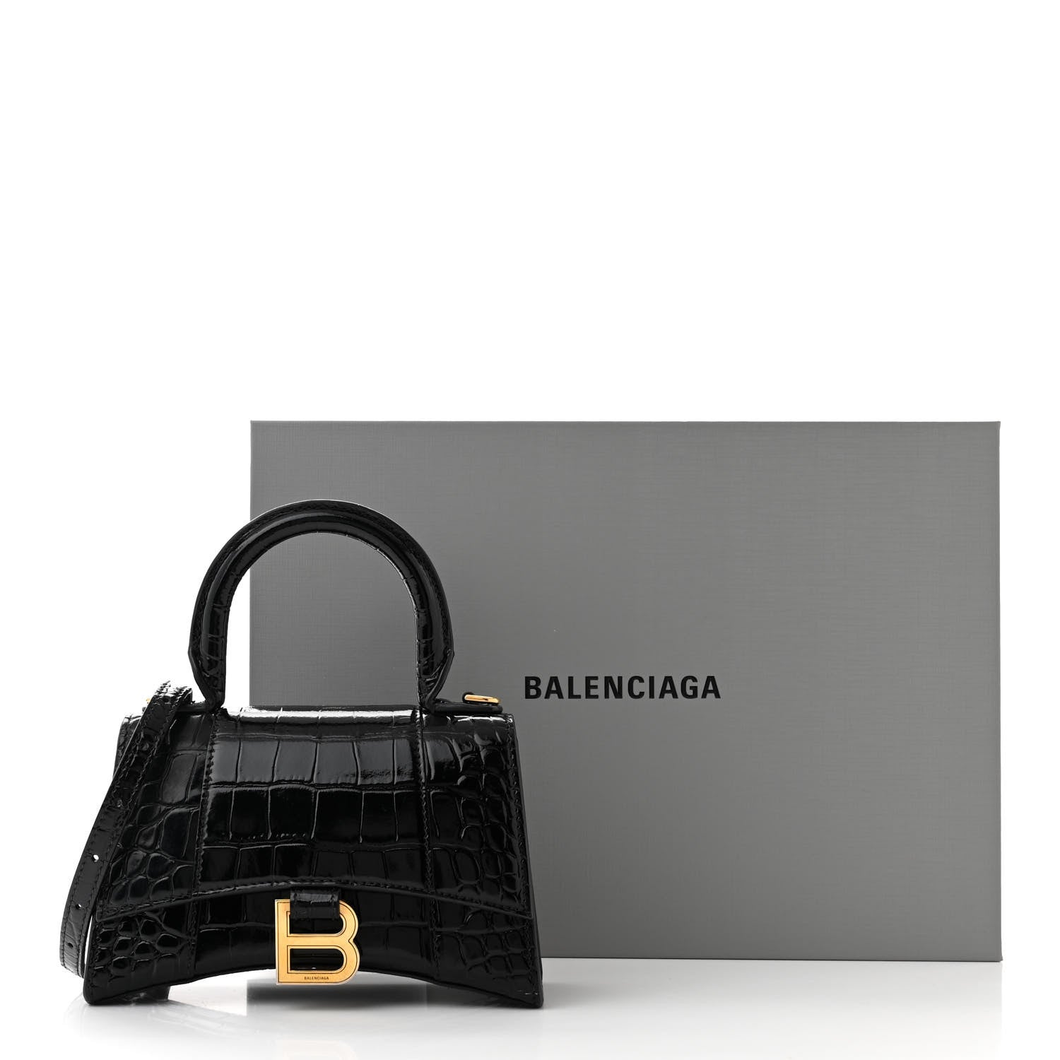 Balenciaga Shiny Calfskin Crocodile Embossed Hourglass Top Handle Bag XS Black 13 of 13