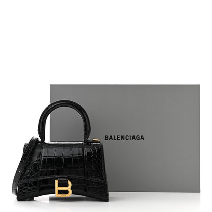 Balenciaga Shiny Calfskin Crocodile Embossed Hourglass Top Handle Bag XS Black 13 of 13