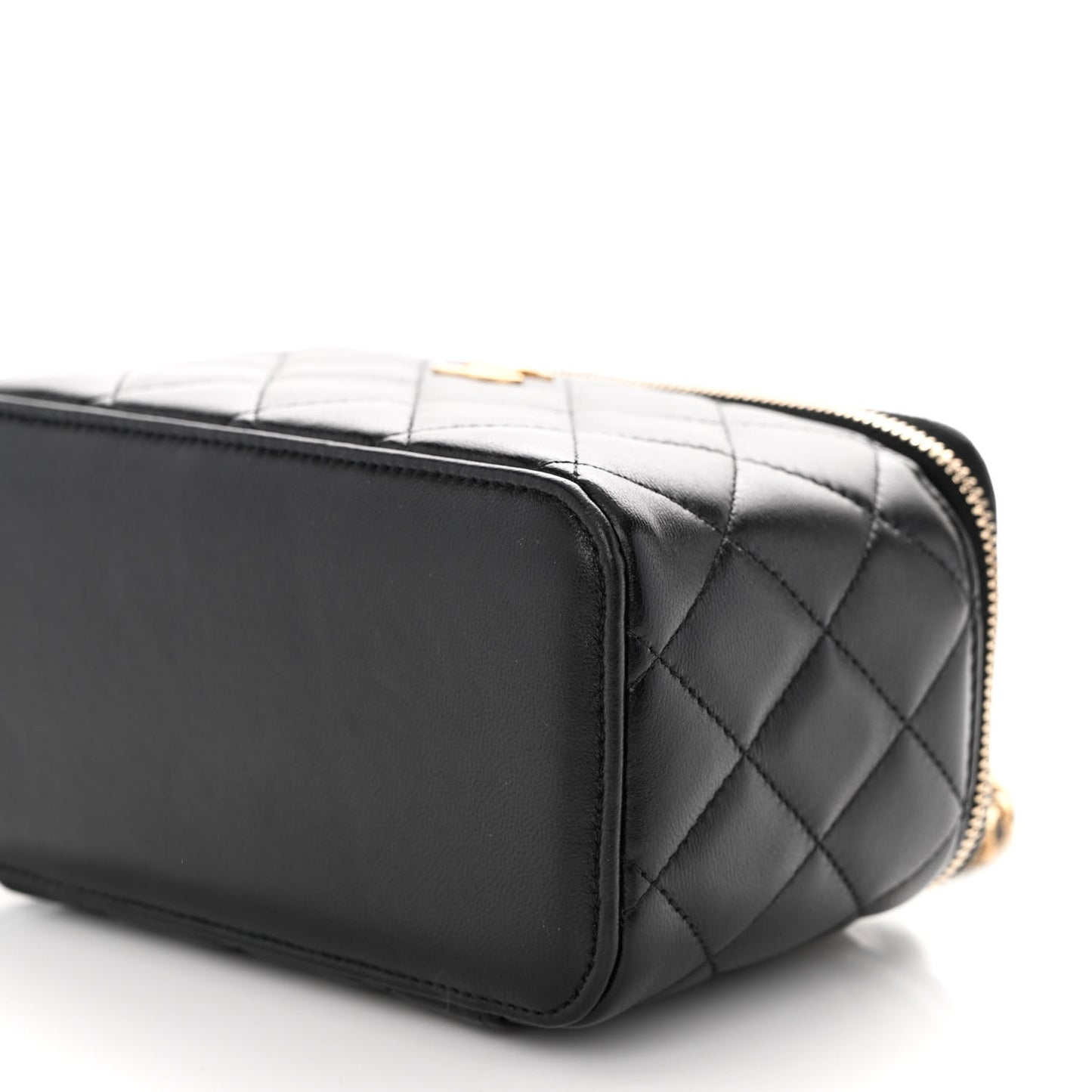 Lambskin Quilted Small Top Handle Vanity Case With Chain Black