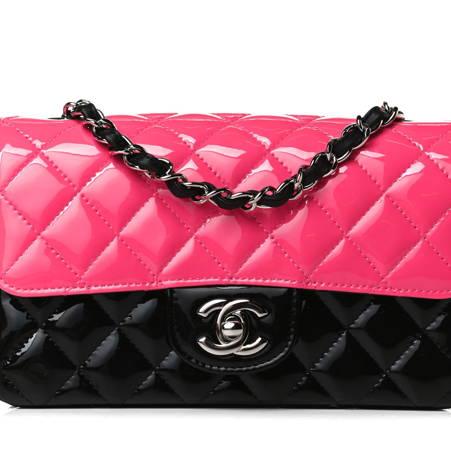 Patent Calfskin Quilted Bi-Color Mini Rectangular Flap Pink Black